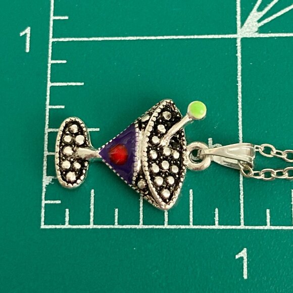 Martini Cocktail Drink Cup Glass Charm Necklace Pendant Purple Enamel 18" Chain - Picture 9 of 9